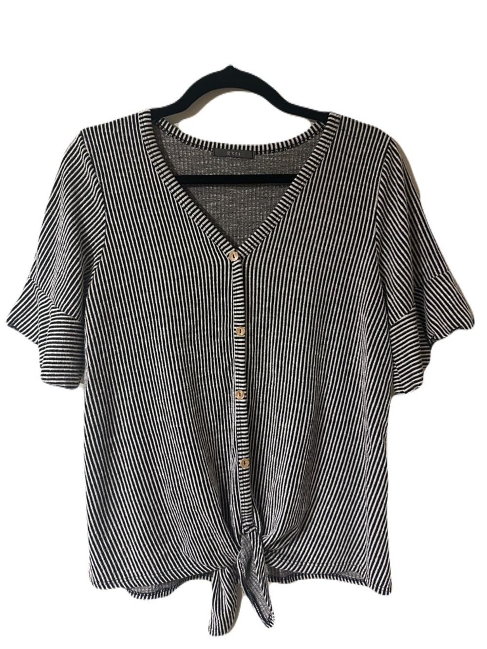 Striped Button-Front Tie Hem Top - Black & White